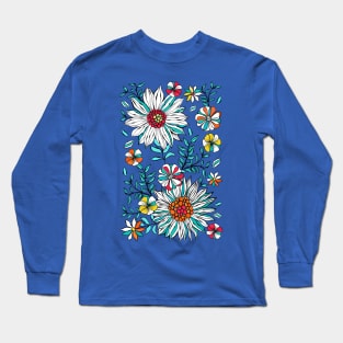 White Teal Yellow Orange Red Daisy Flowers Long Sleeve T-Shirt